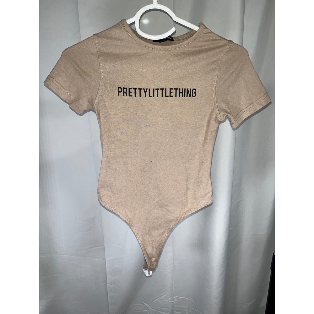 PrettyLittleThing Logo Bodysuit Tan Beige Short Sleeve Streetwear Casual Small